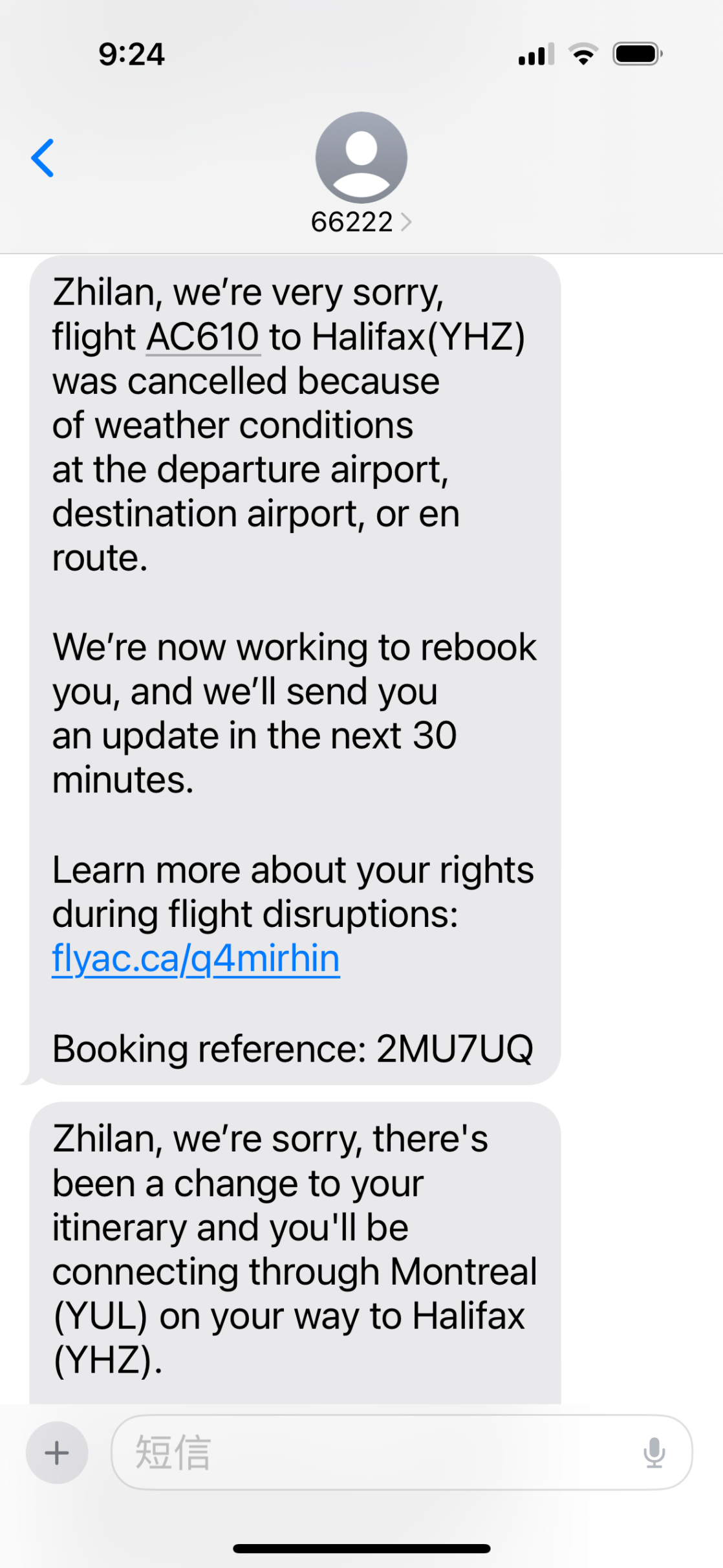 A message screenshot said the flight was cancelled, rebooked and connected the passenger through Montreal.