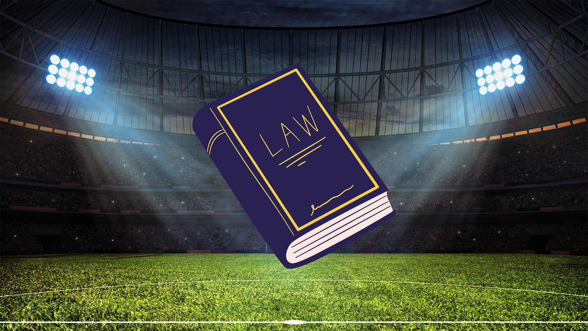 A law textbook is floating in a football field.