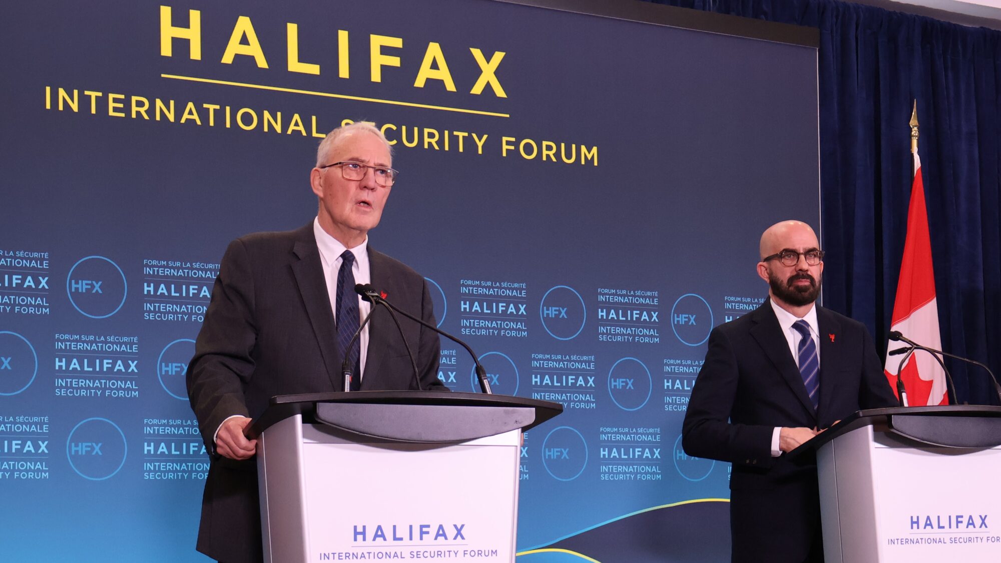 MOD Bill Blaire and HFX Forum President Peter Van Praugh address the press at the forum's opening press conference.