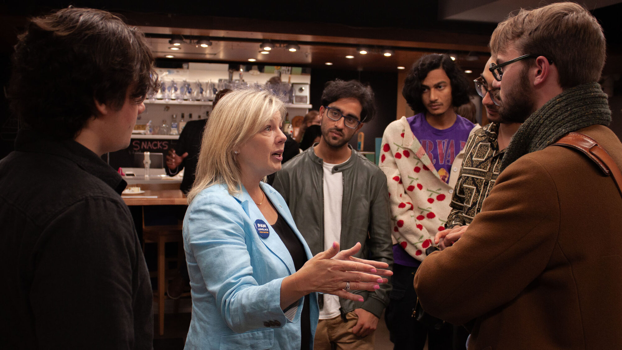 Pam Lovelace speaks to people at the University of King's College Wardroom.