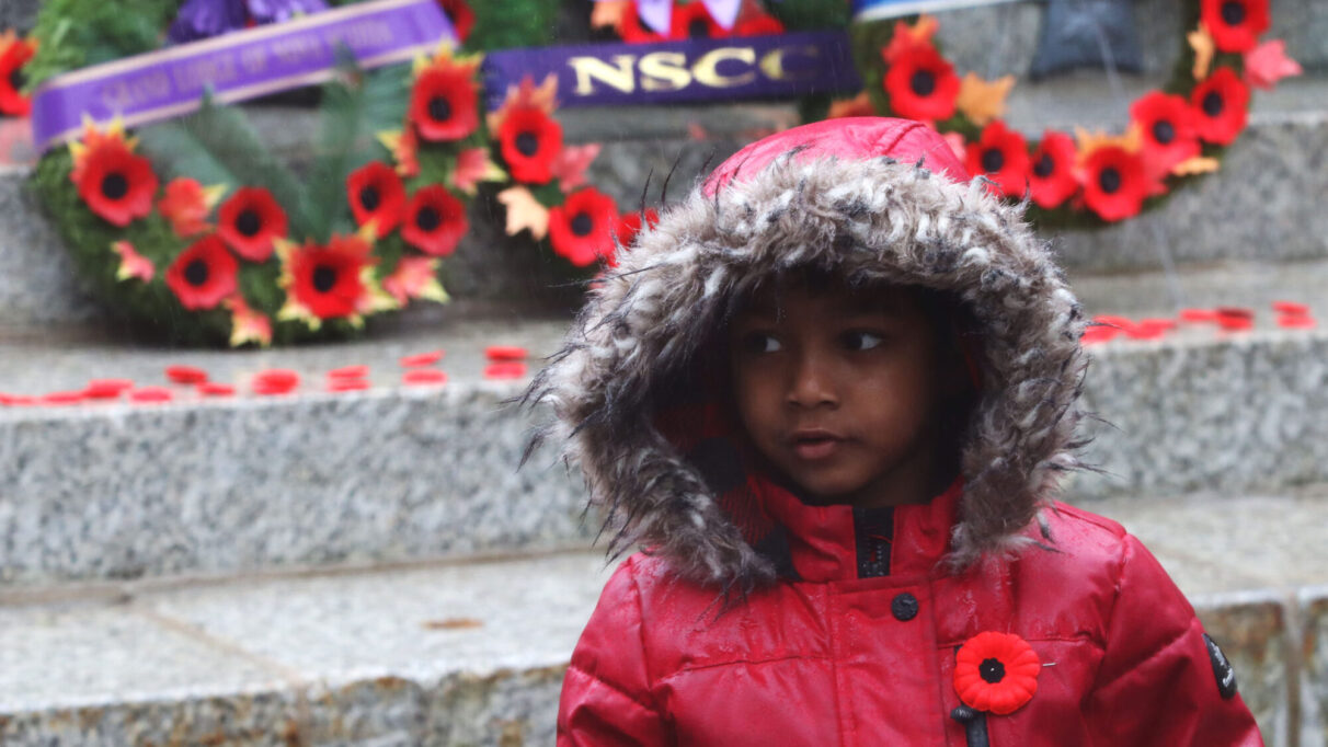 a child stands in front of stone steps covered in wreaths and poppies