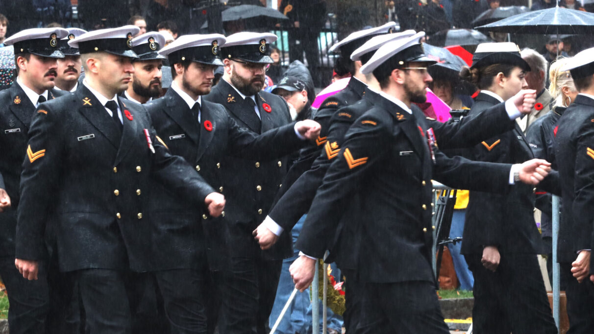 soldiers march in the rain