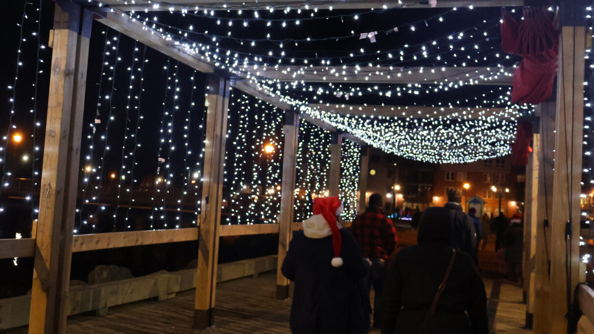 People walking through a canopy of white lights on the waterfront.