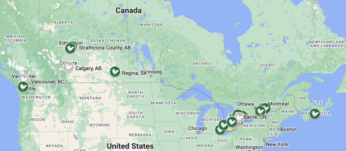 Map of the registered bird friendly cities across Canada