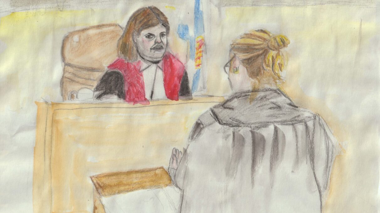 A watercolour and pencil sketch of two people in a courtroom. A lawyer is depicted from behind and past her left shoulder is a front view of the judge.