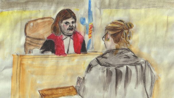 A watercolour and pencil sketch of two people in a courtroom. A lawyer is depicted from behind and past her left shoulder is a front view of the judge.