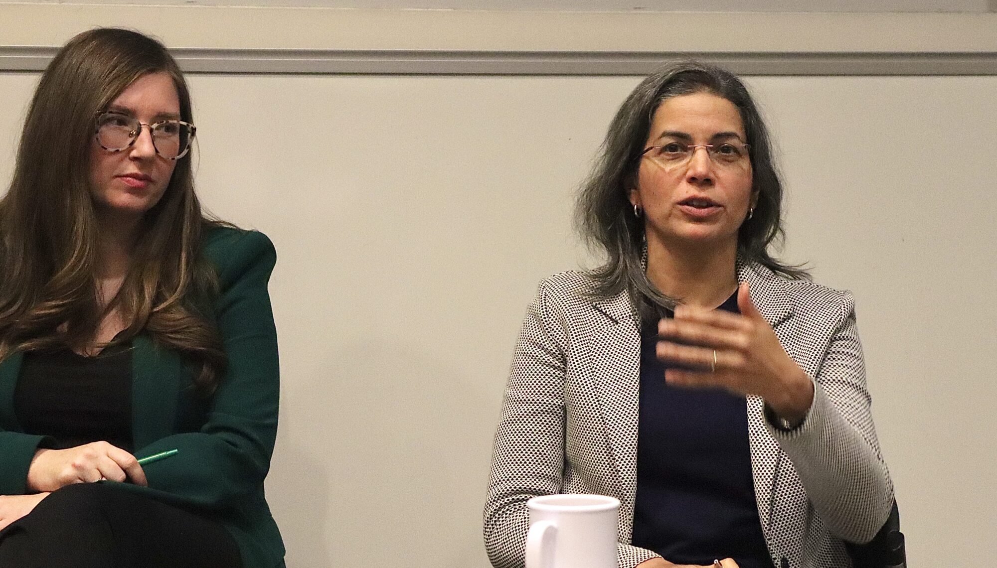 two professors. One is speaking with her hand in front of her. The other is looking while she speaks.