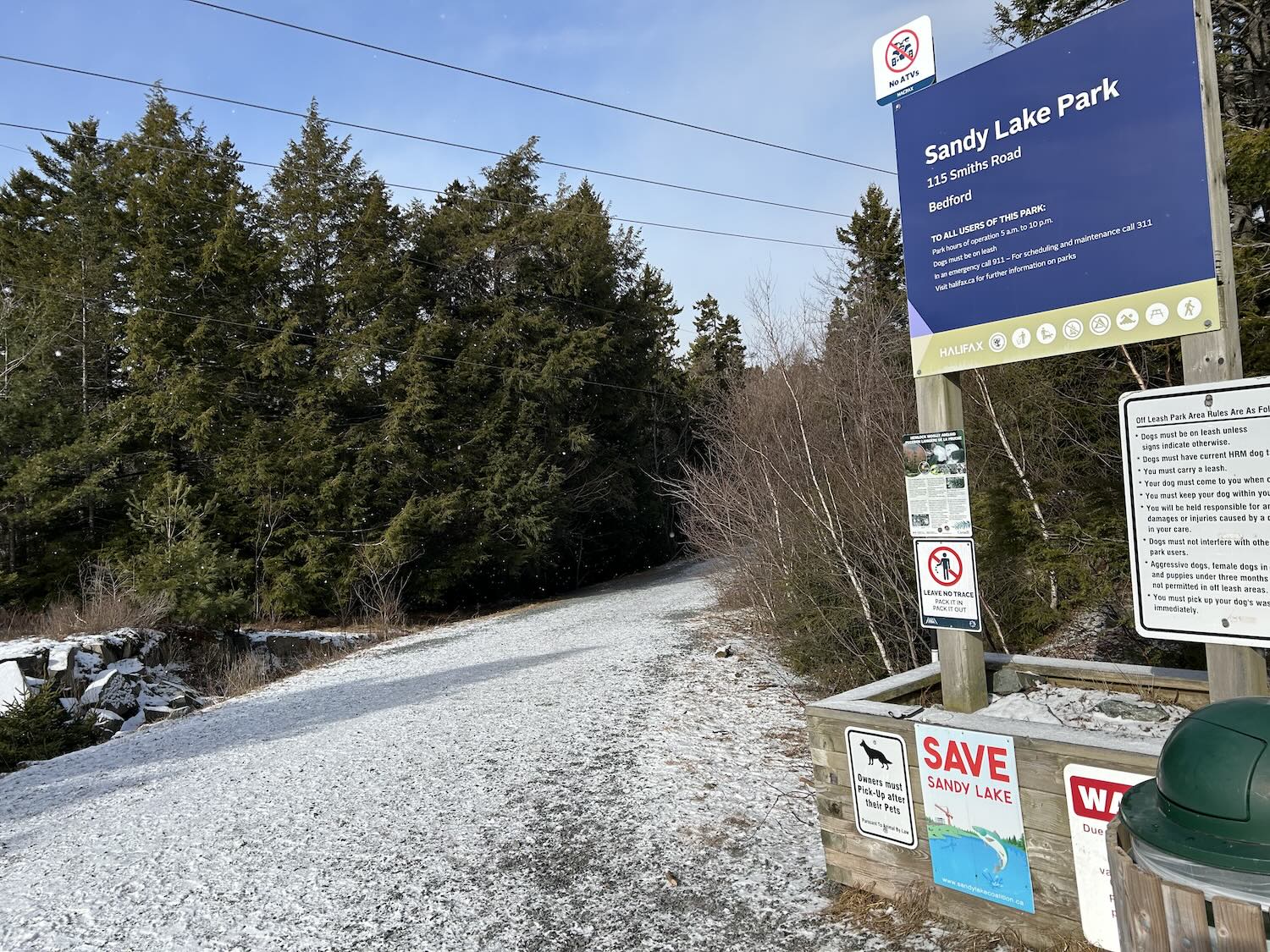 he entrance to Sandy Lake Park on January 27. A poster to “Save Sandy Lake” can be seen on the entrance sign.