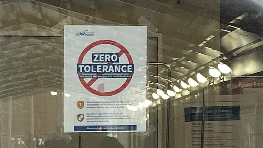 Nova Scotia Health displays a ‘zero-tolerance’ sign outside the Halifax Infirmary on Feb. 10.