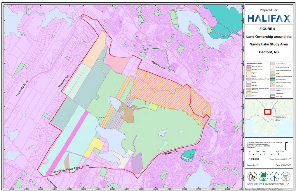 Figure 1: Map of the Sandy Lake SPA. 
The SPA is on the Western shore of the lake.
(Image credit: Halifax.ca)