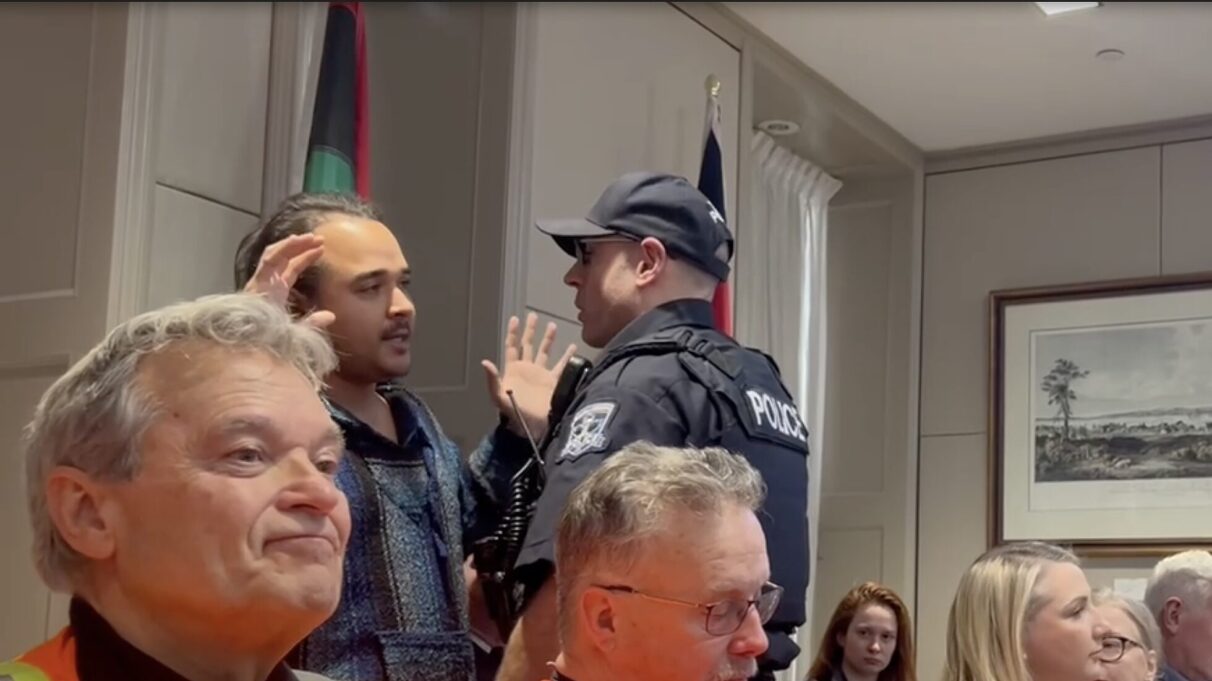 An altercation takes place in the gallery at Halifax City Hall’s Budget Committee on Wednesday, Feb. 12. Councillors were removed from the Hall during the event.