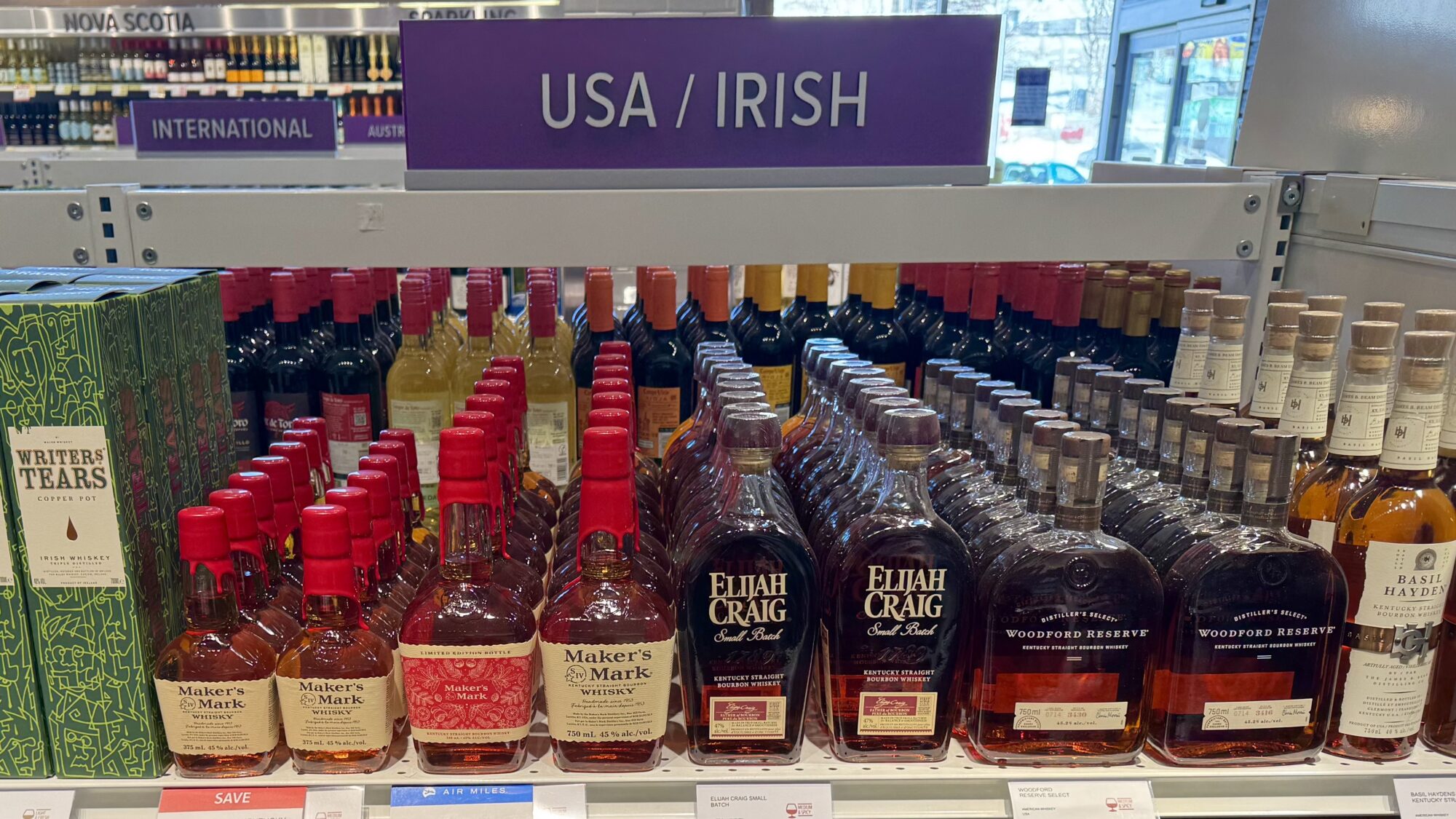 A row of U.S. bourbons at a Nova Scotia liquor store.