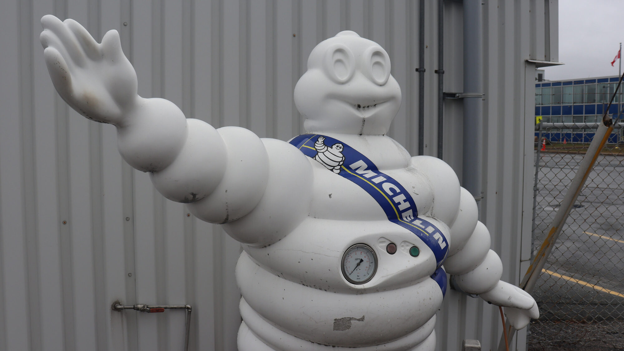 A Michelin Man tire inflator stands outside the Bridgewater Factory.