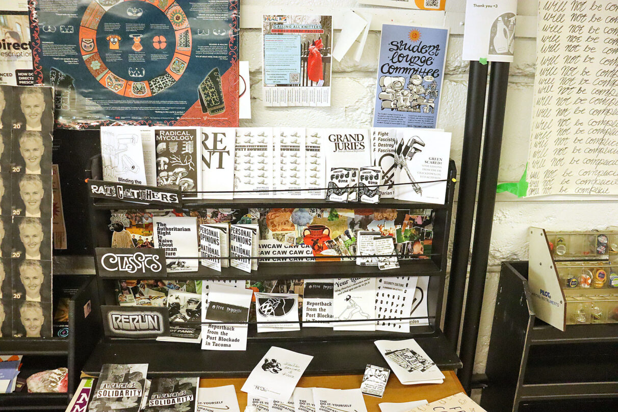 SUNSCAD Zine Press zines are displayed on a bookshelf at NSCAD University on Duke Street in Halifax, Nova Scotia on September 23, 2025. The zine press has three main publications: Ratcatchers, Classics, and Rerun.