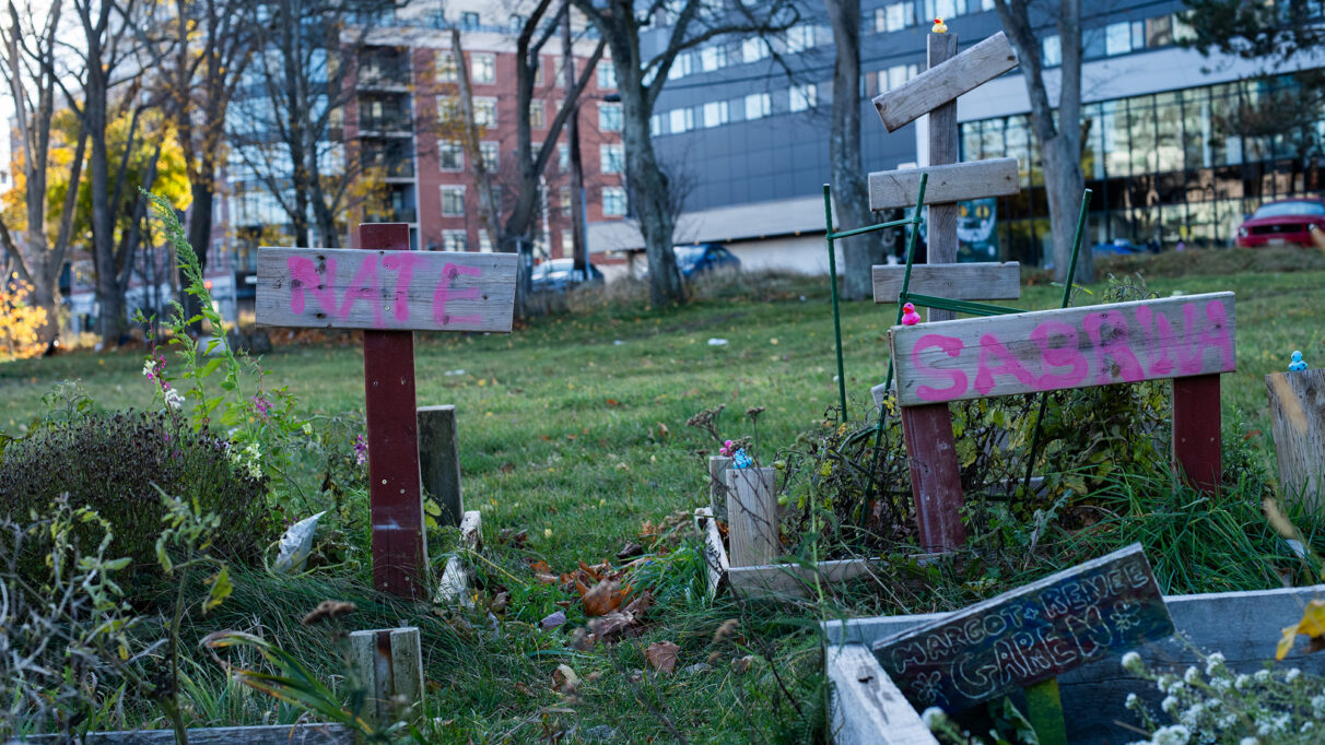 Three garden beds with signs by Nate, Sabrina and Margot.