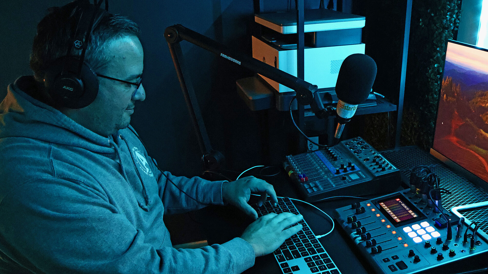 Rhys Waters types on his computer at the control panel in the Podstarter audio recording studio in Halifax on Sept. 22, 2025. Podstarter is a local studio in Halifax that produces podcasts for non-profits, businesses and creators.
