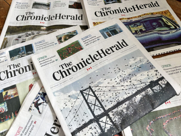 A mix of recent Chronicle Herald papers, Halifax, N.S., on Wednesday, Oct. 22, 2025. The papers range from September 2025 to October 2025.