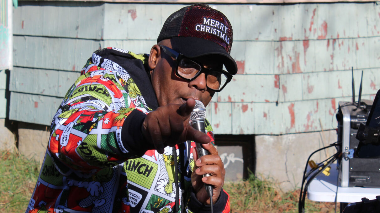Marcell Symonds performing on the Open Mic House Stage during the Agricola Street Holiday Market.