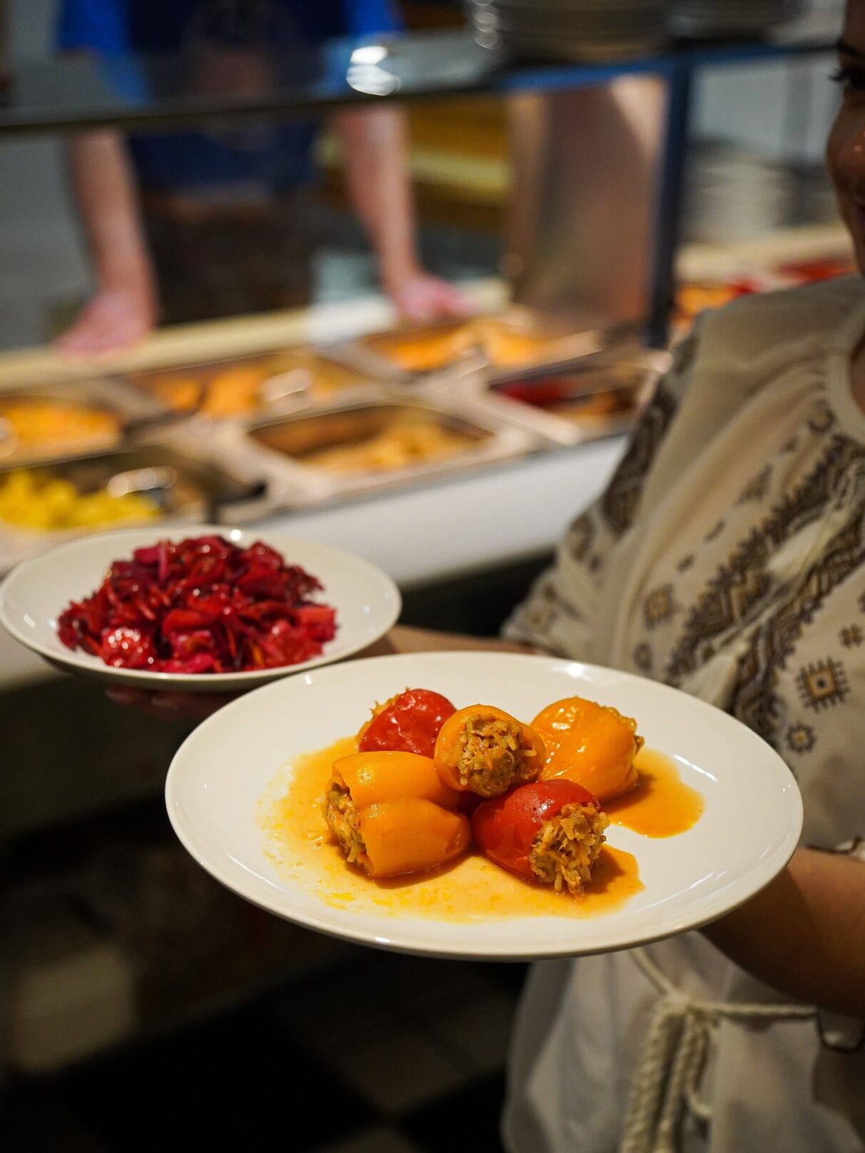 Stuffed peppers and cold beet salad from the hot table at Borsch House.