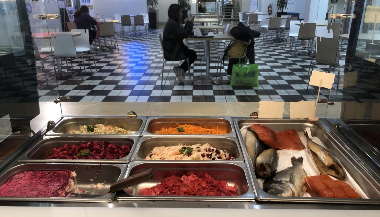 Yurii's cold table offerings in the food court at Spring Garden Place.