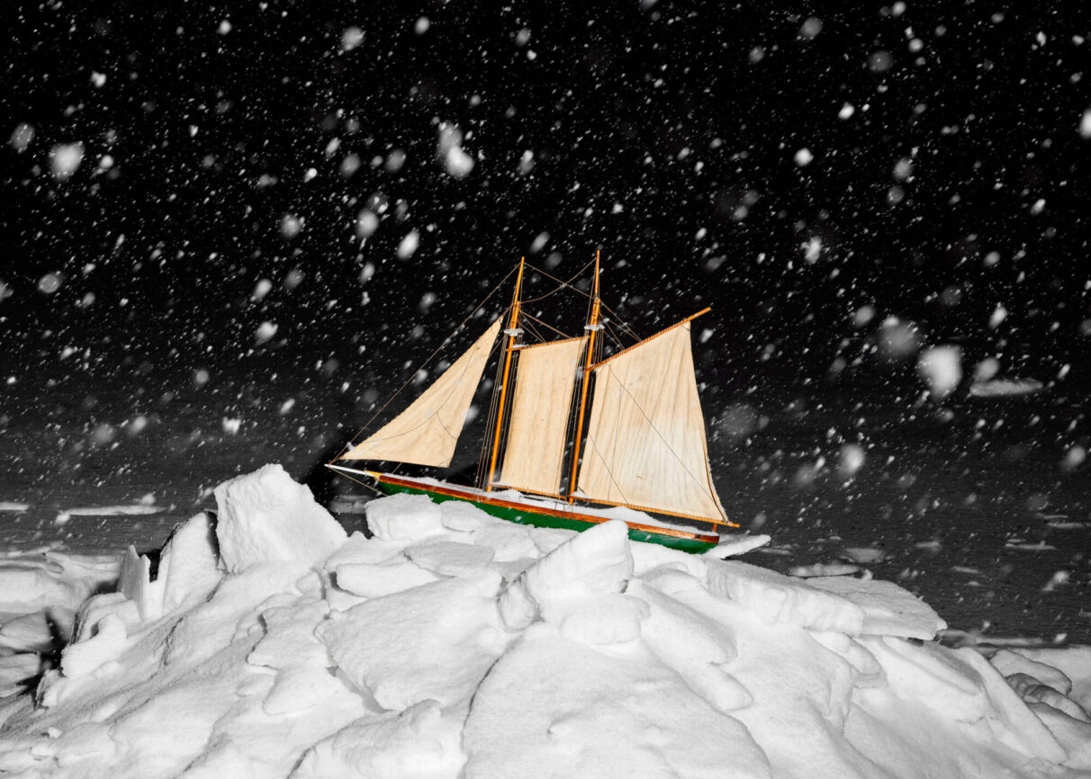 A photo of a two-masted schooner model, taken Nova Scotia.