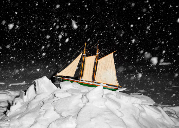 A photo of a two-masted schooner model, taken Nova Scotia.