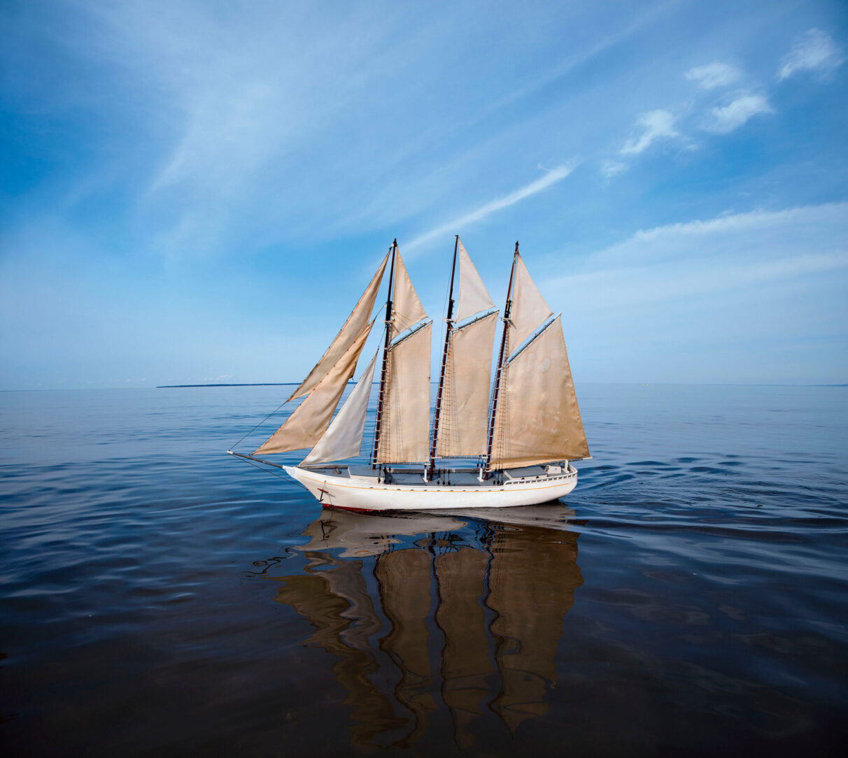 A photo of a three-masted schooner model, taken in Nova Scotia.