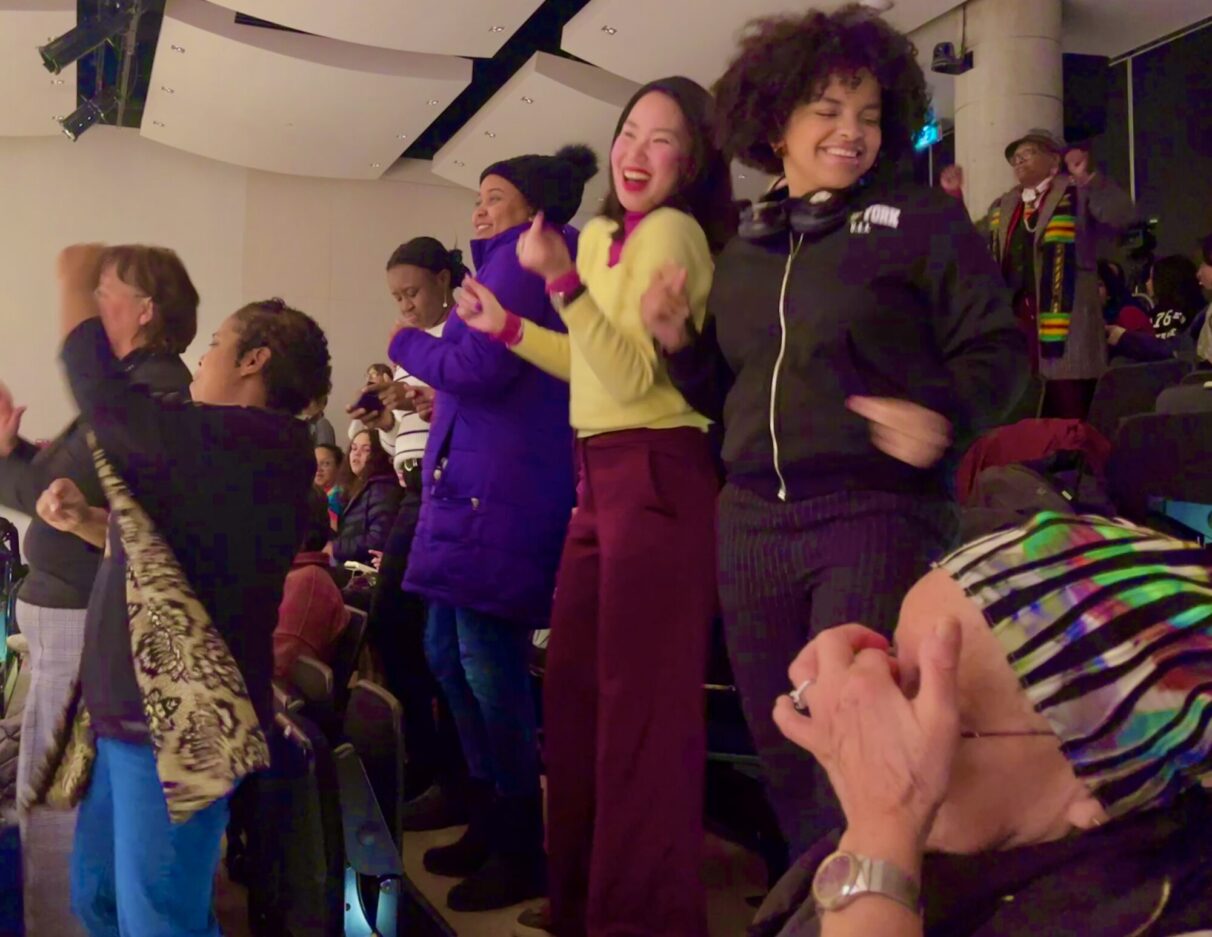 The crowd is dancing in the stands at the Paul O’Regan Hall in Halifax, Nova Scotia