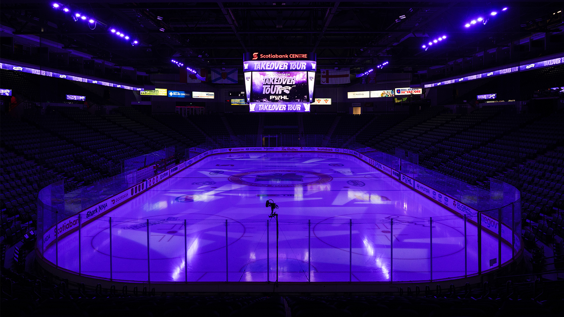 The Scotia Bank center lights up before the start of the PWHL’s Takeover Tour in Halifax, Nova Scotia, Canada.