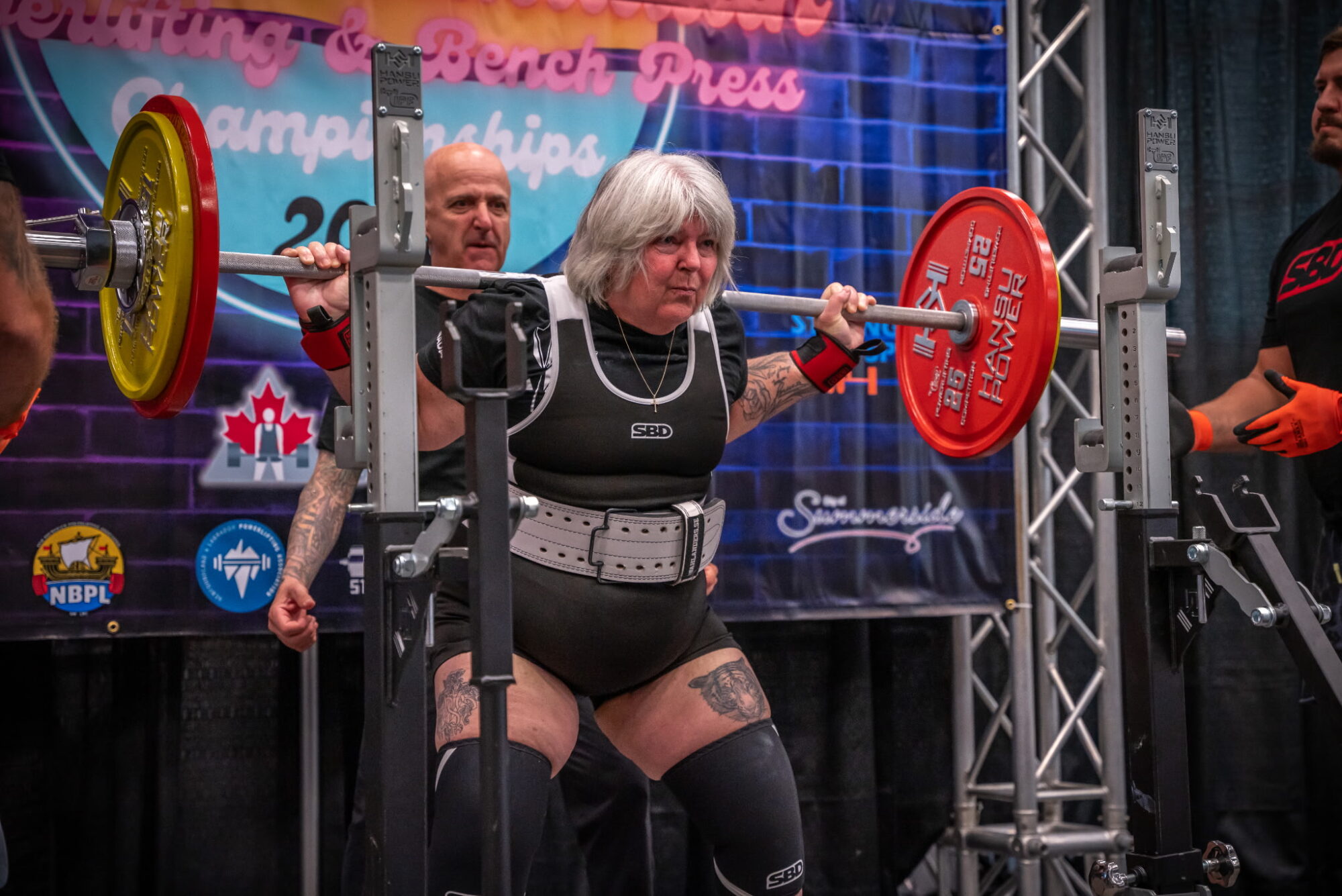 Sue Bonneau squats at the 2023 CPU Eastern Powerlifting Championships in Summerside, PEI.