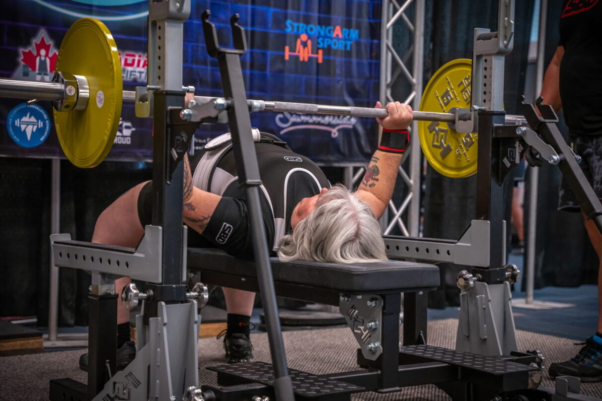 Sue Bonneau Bench Presses at the 2023 CPU Eastern Powerlifting Championships in Summerside, PEI.
