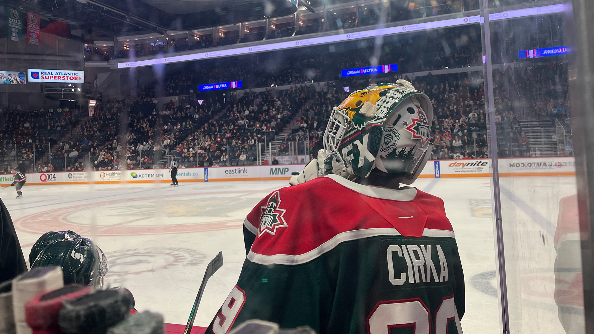 Halifax Mooseheads goalie Nick Cirka looks on from the bench as his team has pulled him late in the 3rd period, at Scotiabank Center in Halifax, Nova Scotia