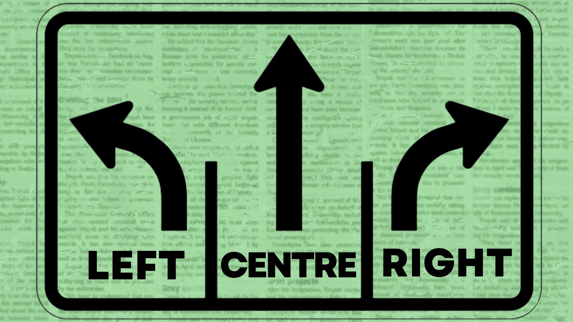 A street sign set on a backdrop of newsprint, points towards the left, centre and right.