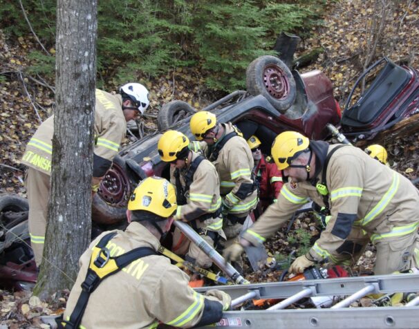A group of firefighters work to save a patient from a car stuck in a ravine during a training exercise. All firefighters are wearing helmets and a ladder sits in the foreground.